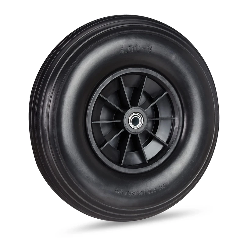 Relaxdays Wheelbarrow Wheel 4.00-6, Solid Rubber with Plastic Rim, 3 Adaptors, Flatproof Spare Tyre, 136 kg, Black