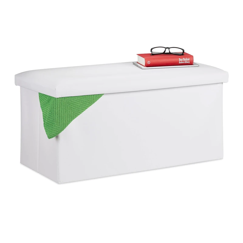 Relaxdays Storage Bench, Artificial Leather, 84 L Capacity, H x W x D: approx. 37.5 x 76.5 x 38.5 cm, White