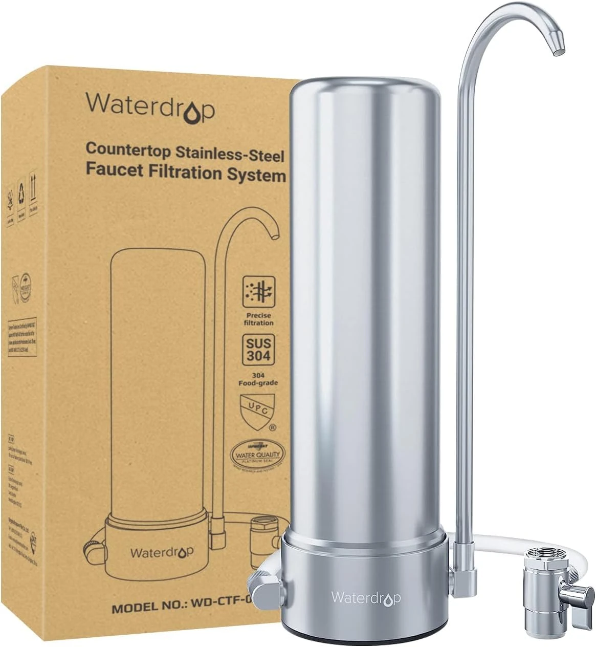 Waterdrop Water Filter Tap, 5-Stage Stainless Steel Tap Water Filter, Countertop Water Filter for 8000 Gallons, Reduces Heavy Metals, Bad Odor and 99% Chlorine, WD-CTF-01(1 Filter Included)