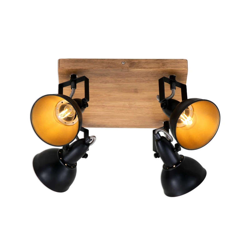 Briloner Leuchten - Spotlight, Retro Ceiling Light, Vintage Ceiling Light, can be rotated and swivelled, 4 x E14, max. 25 watts, Metal and Wood, Black and Gold, 280 x 280 x 157 mm (L x W x A), 2901-045