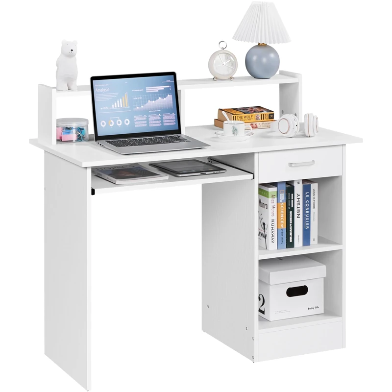 Yaheetech 106x50x94cm Computer Desk with Storage Shelves Office Workstation with Monitor Shelf PC Laptop Study Table for Home Office White