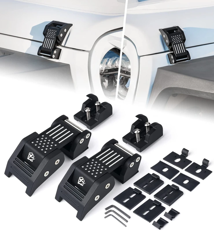 Xprite Aluminum Hood Latches with U.S. Flag, Adjustable Hood Latch Catches Kit Compatible with Jeep Wrangler JK JKU 2007-2018 & Jeep Wrangler JL JLU 2018-2021 Gladiator JT