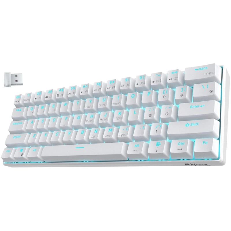 RK ROYAL KLUDGE RK61 Wireless 60% Triple Mode BT5.0/2.4G/USB-C Wired Mechanical Gaming Keyboard, Compact 61 Keys Bluetooth Mechanical Keyboard with Software (Hot Swappable Red Switch, White)