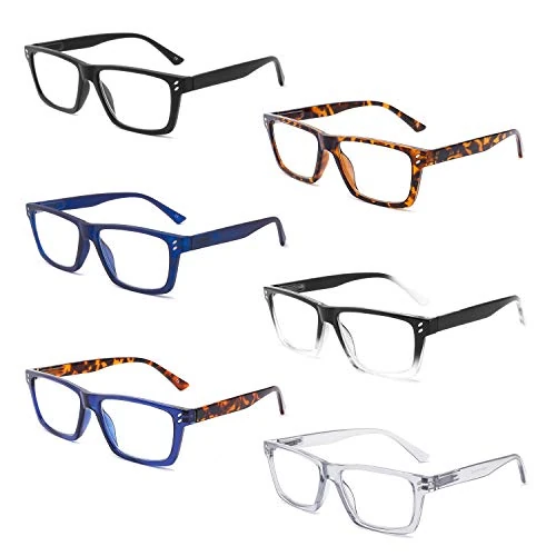 BOSAIL 6 Pack Reading Glasses Blue Light Blocking Large Square Frames with Spring Hinges, Anti Glare UV Eyestrain,Computer Readers for Men Women