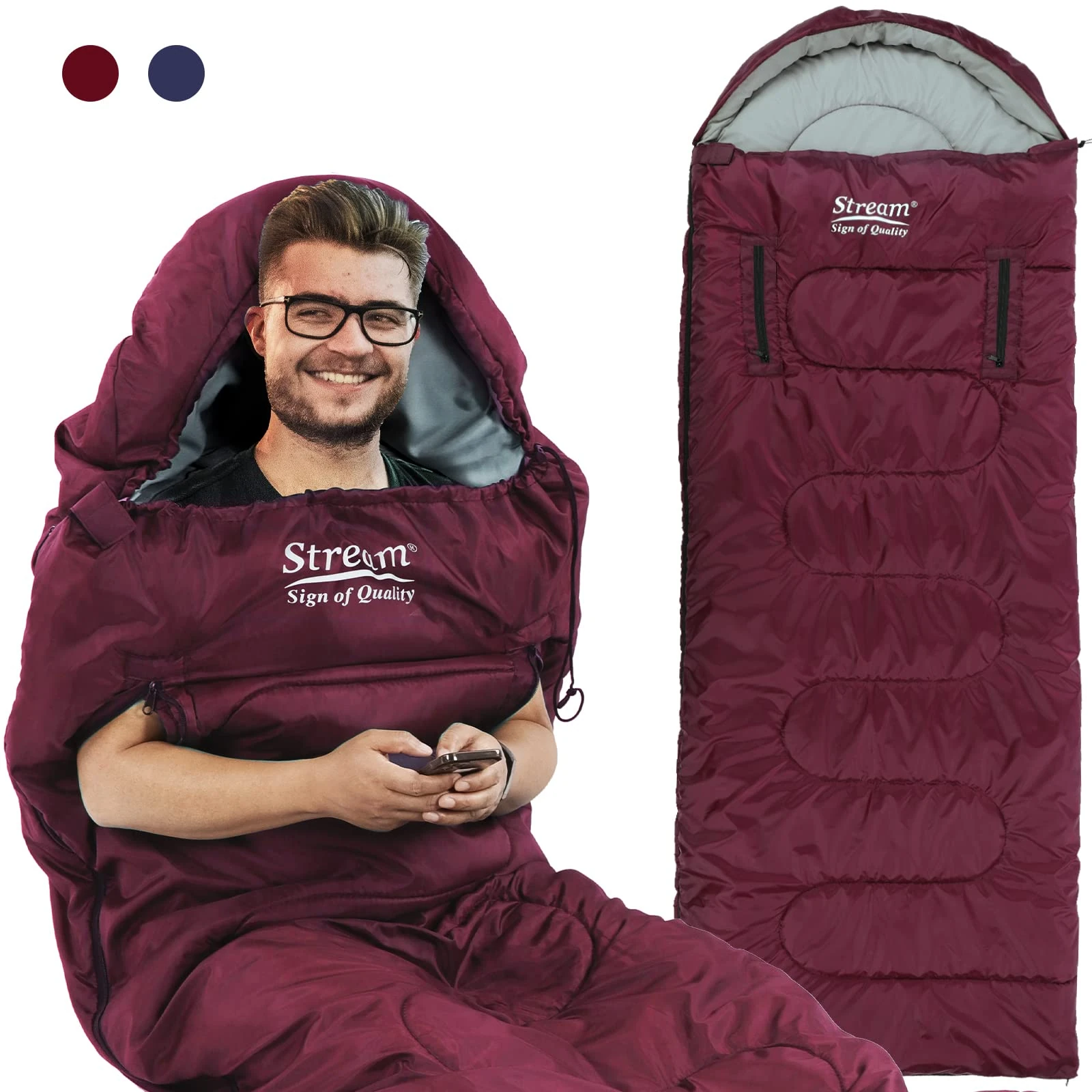 Camping Sleeping Bag - 3 Season Warm & Cool Weather - Lightweight Waterproof Sleeping Bag with Zippered Holes for Adults & Kids - Camping,Traveling, Music Festival and Outdoors (red)