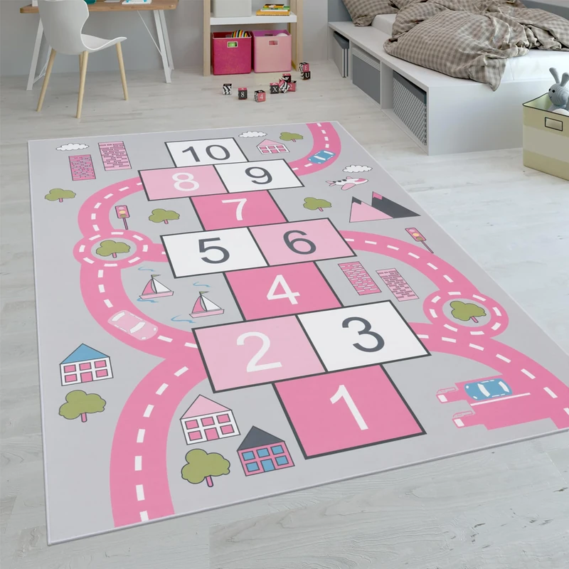 Paco Home Kids Rug, Play Mat Playroom Rug, Animals Roads Cars Maps Treasure Hunt Pirates, Size:200x200 cm square, Colour:Pink 2