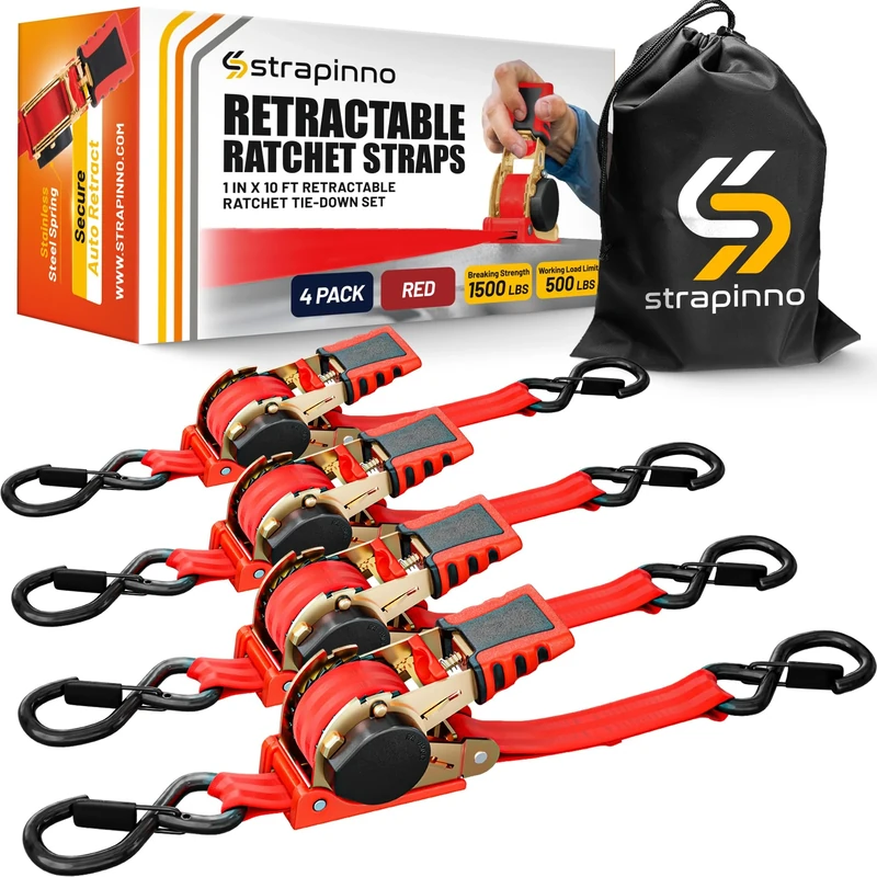 Strapinno Retractable Ratchet Straps 1 in x 10 ft, Secure Tie-Downs with Rubber-Coated Handles & S-Hooks, For Moving Motorcycle, Bike, Kayak, Cargo & Daily Use- Breaking Strength 1,500LBS/680KG (4PCS)