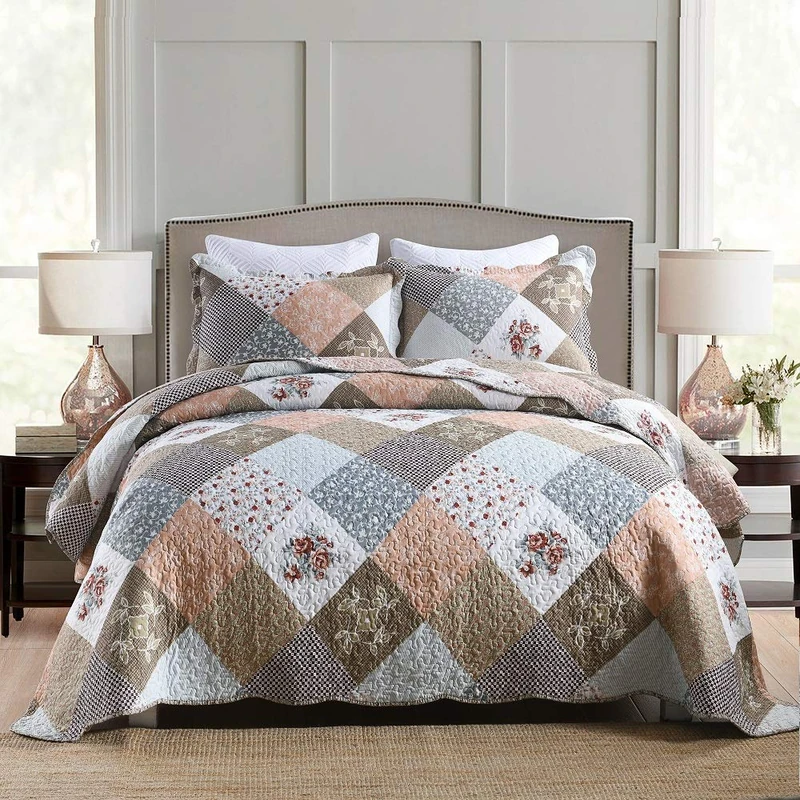 Travan 3-Piece King Quilt Set Quilted Bedspread Lightweight Reversible Coverlet Set Floral Printed Quilted Bedding Set with Shams for All Season, Brown Floral, King Size