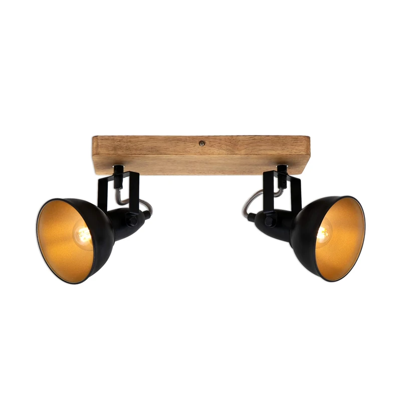 Briloner Leuchten - Spotlight, retro ceiling light, vintage ceiling light, can be rotated and swivelled, 2 x E14, max. 25 watts, metal and wood, black and gold, 280 x 110 x 157 mm (L x W x A) 2901-025 Black-gold