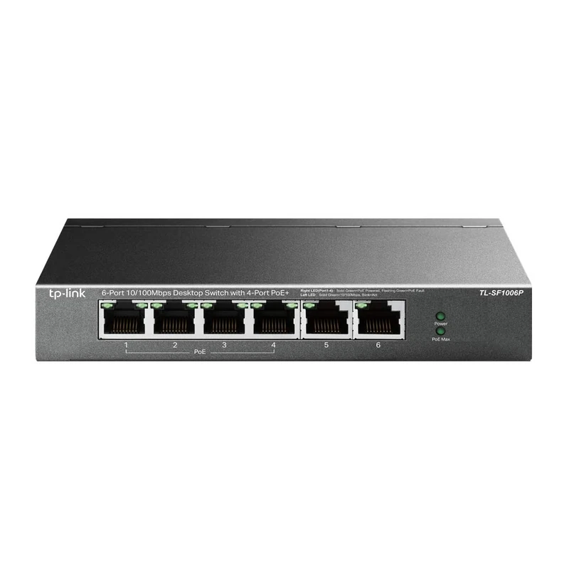TP-Link TL-SF1006P 6 Port Fast Ethernet 10/100Mbps PoE Switch, 4 PoE+ Ports at 67W Plug & Play, Sturdy Metal w/Shielded Ports Network Switch, Extend Mode and Priority Mode