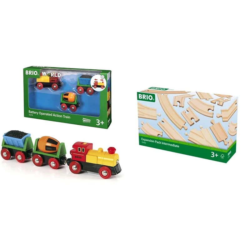 BRIO World Battery Operated Action Train for Kids Age 3 Years Up & World Expansion Pack - Intermediate Wooden Train Track for Kids Age 3 Years Up