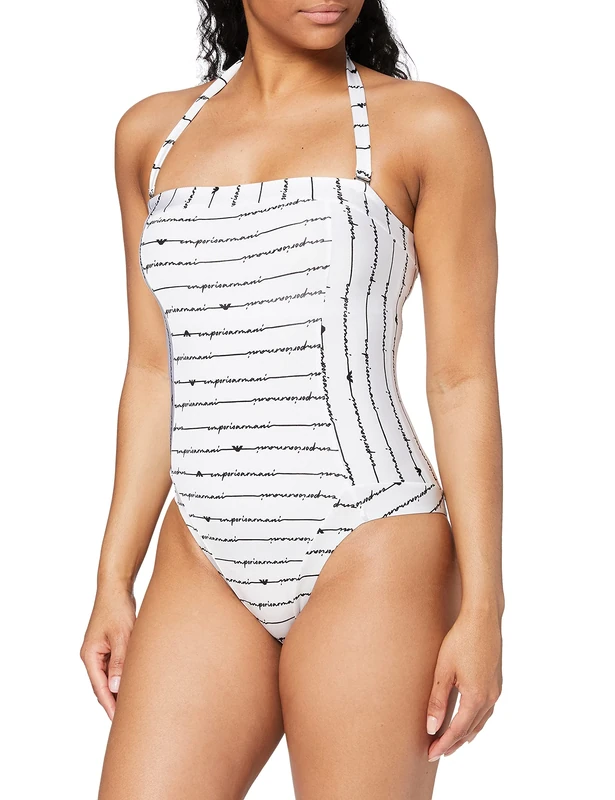 Emporio Armani Swimwear Women's Swimsuit Mania One Piece, White Logo Black, S