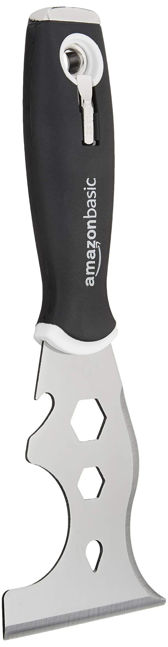 Amazon Basics 14-in-1 Versatile Soft Grip Painters Tool with Straight Scraper, Curved Scraper, Hammer End, Nail Puller, 2 Philips Screwdriver Bit and More, 76.2 mm, Black, Silver