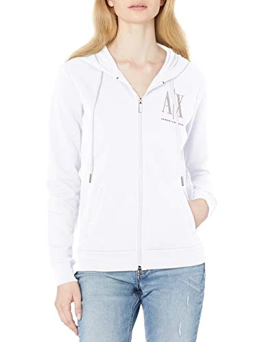 Armani Exchange Women's Studded Icon Zip Up Hooded Sweatshirt, White, M