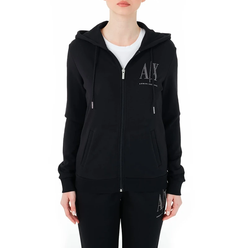 Armani Exchange Women's Studded Icon Zip Up Hooded Sweatshirt Hooded Sweatshirt, black, XS
