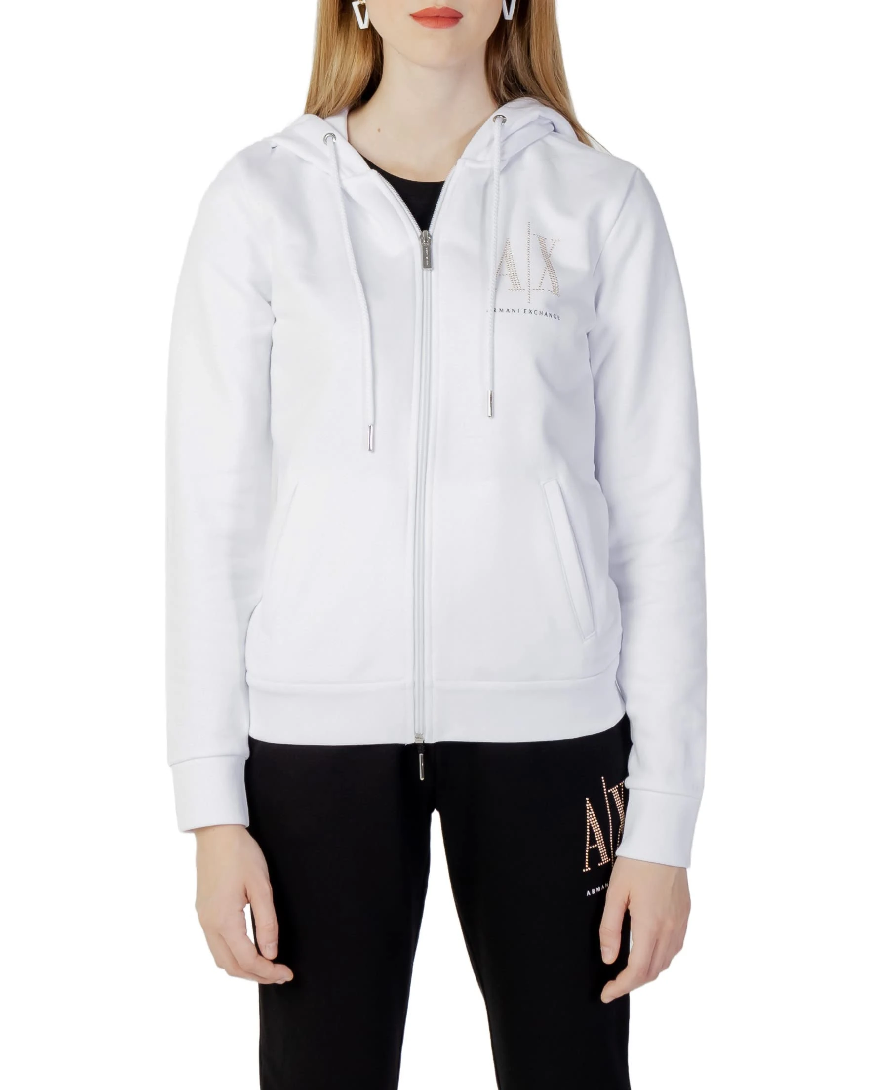 Armani Exchange Women's Studded Icon Zip Up Hooded Sweatshirt, White, S