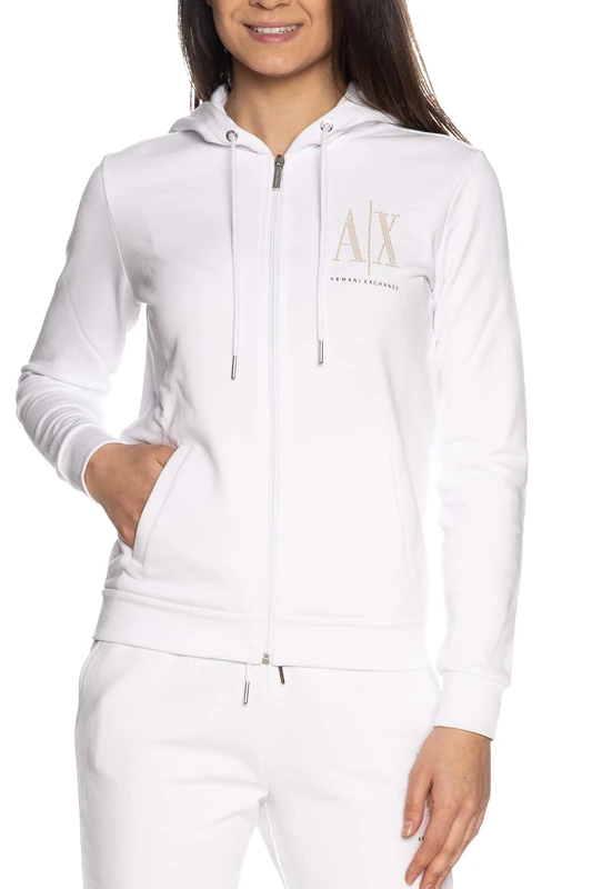 Armani Exchange Women's Studded Icon Zip Up Hooded Sweatshirt, White, XL