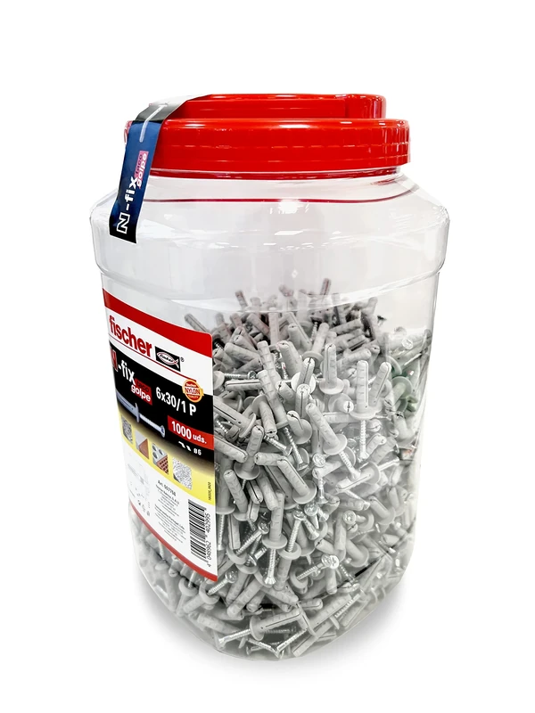 fischer - N 6x30/1 P Strike Dowel for Quick and Easy fixings with Hammer, with Safety Screw in Cold Galvanized Steel, Grey, 1000 Units Pot