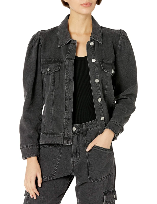 KENDALL + KYLIE Women's Puff Sleeve Denim Jacket, Black Acid Wash, X-Small