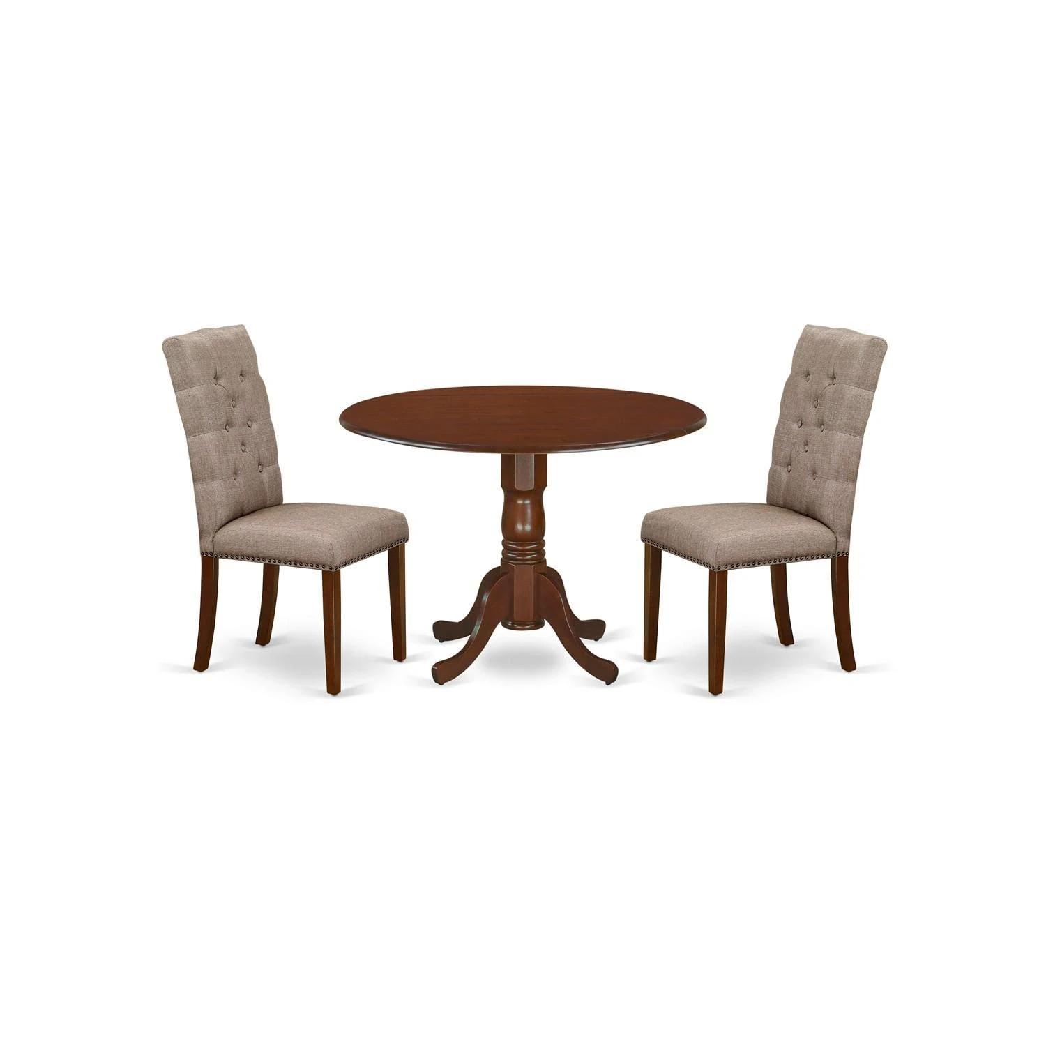 East West Furniture DLEL3-MAH-16 3 Piece Kitchen Table Set Contains a Round Dining Room Table with Dropleaf and 2 Dark Khaki Linen Fabric Upholstered Chairs, 42x42 Inch, Mahogany