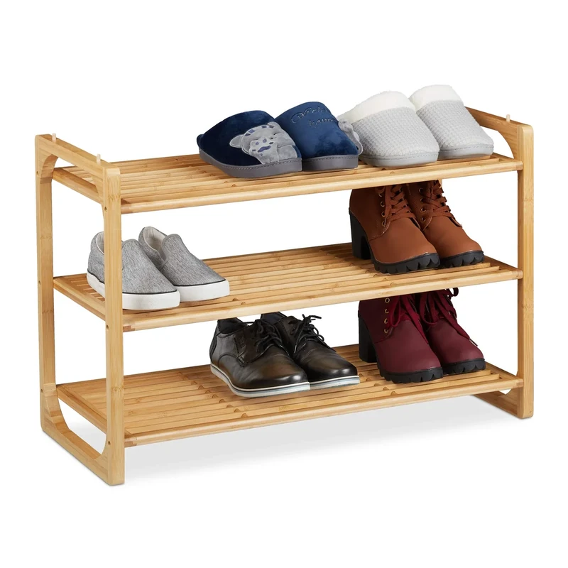 Relaxdays Bamboo Shoe Rack, Stackable Footwear Shelf with 3 Levels, up to 9 Pairs, HWD: 50 x 75.5 x 33 cm, Natural