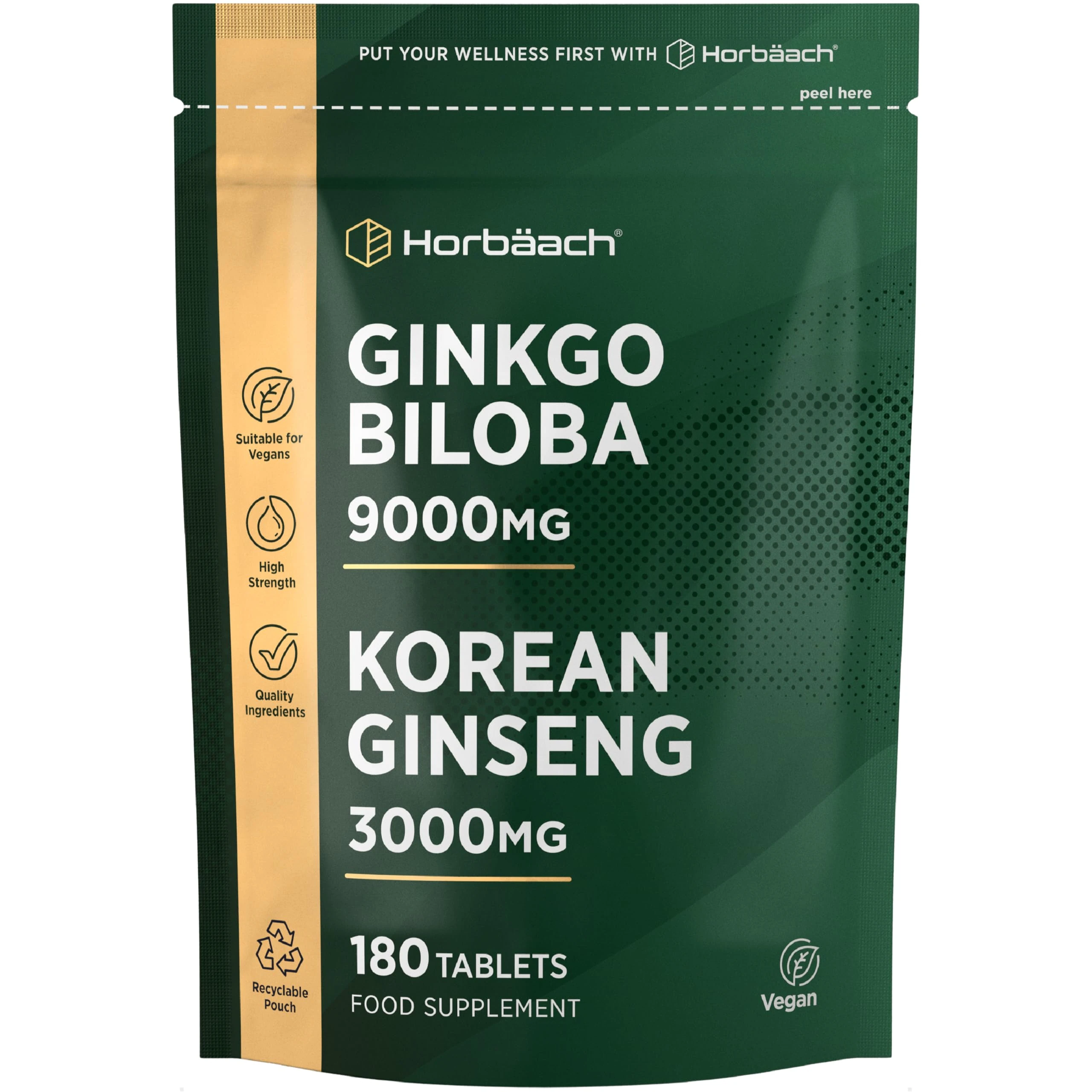 Ginkgo Biloba and Korean Ginseng Tablets | High Strength | Ginkgo 9000mg & Ginseng Root 3000mg | 180 Vegan Tablets | by Horbaach