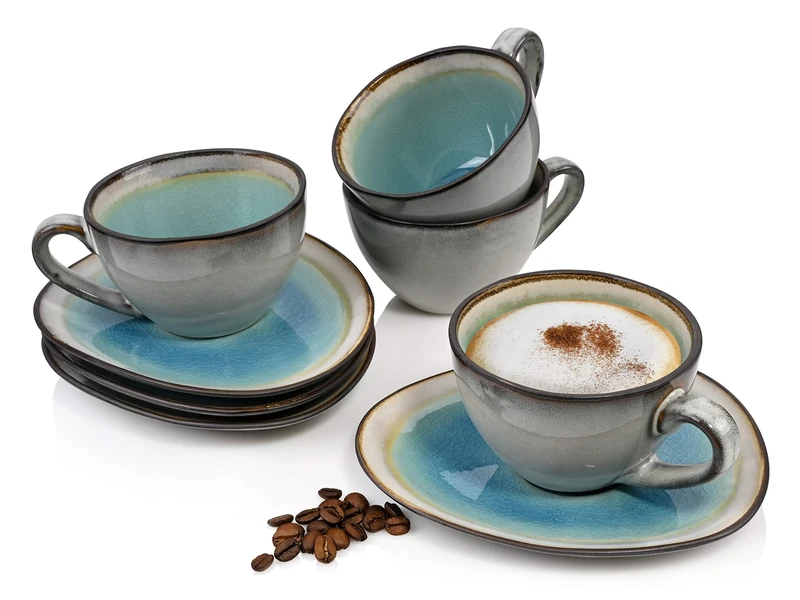 Sänger Capri Coffee Cups Set with Saucers, 8-Piece Stoneware Cups Set, Modern Vintage Design, 230 ml - Image 1
