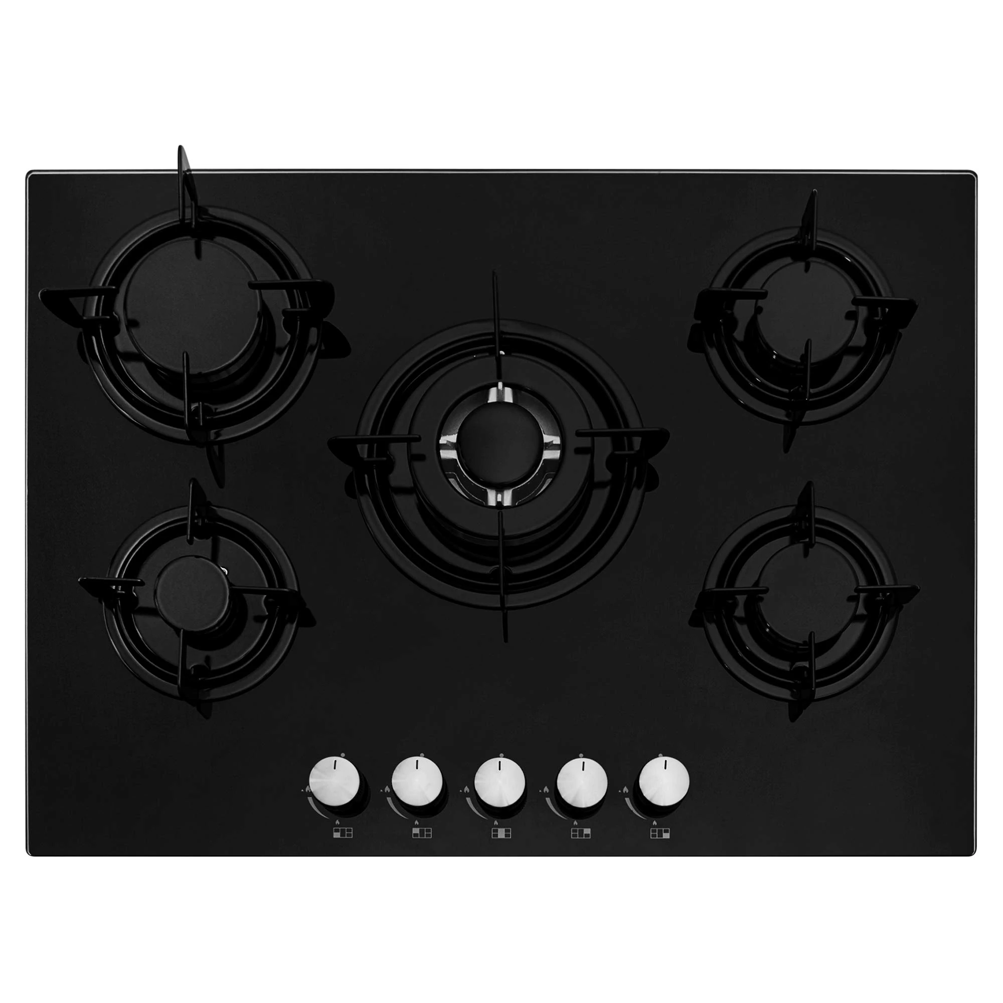 Cookology GGH700BK 70cm Cooktop Burner Gas Hob in Black - 5 Cooking Zones - Enamel Pan Supports - Wok Burner - Automatic Ignition Dials - Flame Failure safety