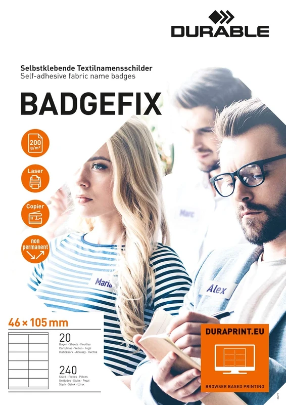 Durable 836302 Badgefix Self-Adhesive Name Tag, 46 x 105 mm, White, 240 Pieces