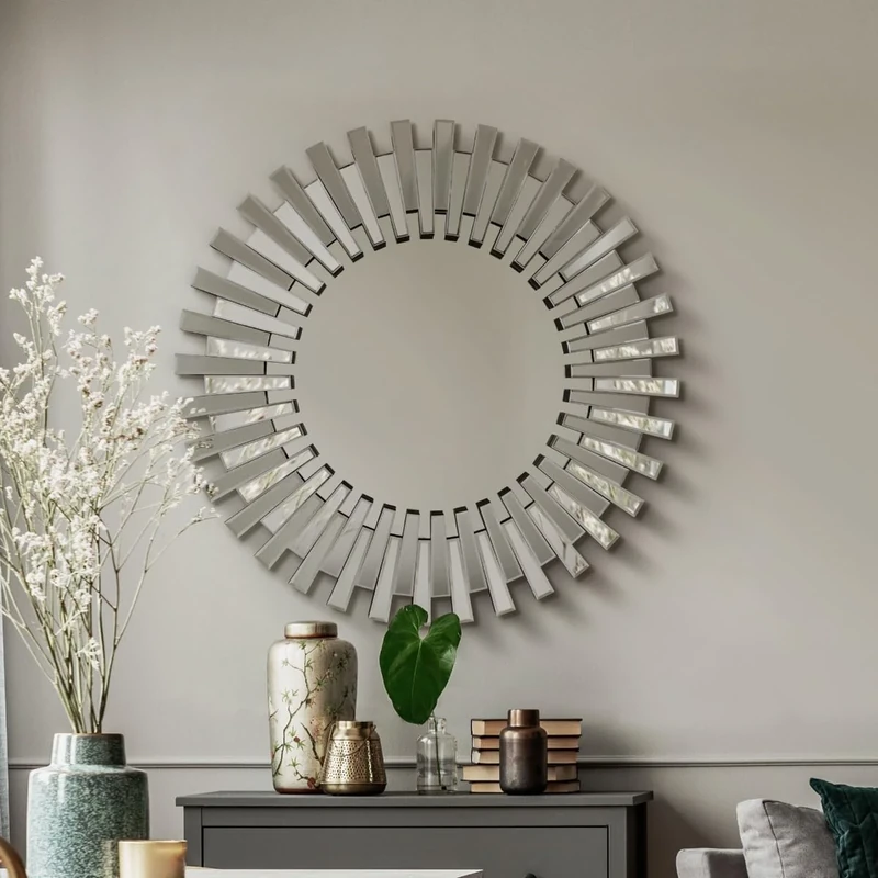 MirrorOutlet Modern Circular Starburst Bevelled Wall Mirror — Large Size, circular Decorative for Lounge, Dining Room, Bathroom, Bedroom, and More — 91cm X 91cm, Frameless