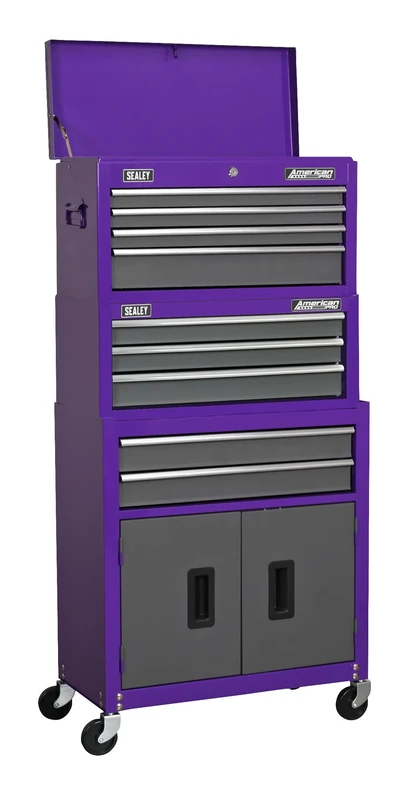 Sealey American PRO® 9 Drawer Topchest, Mid-Box & Rollcab Stack/Tool Chest on Wheels - Purple - AP2200BBCPSTACK