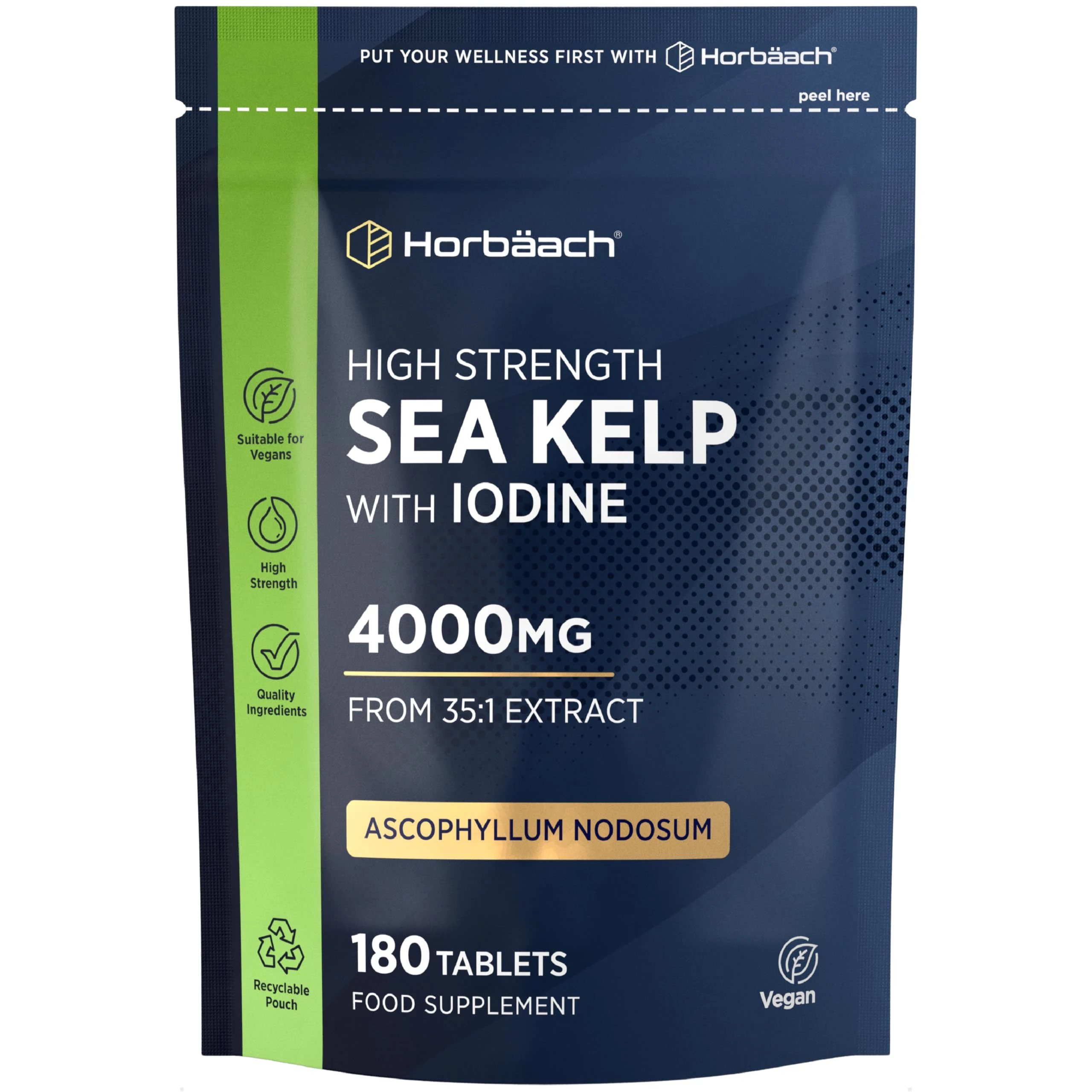 Sea Kelp Tablets 4000mg | Natural Source of Iodine | 3 Months Supply | High Strength Kelp Extract | 180 Vegan Tablets | by Horbaach