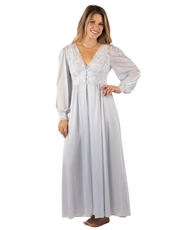 Shadowline Women’s Long Lace Bodice Button Down Robe - 54” Length Robe, Silver, Medium