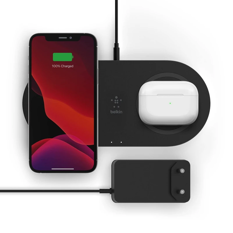 Belkin Wireless Charger with Two Charging Pads (Wireless Dual Charger, 15W) Charge 2 Devices such as Phone, AirPods, Galaxy and Pixel Simultaneously and Fast - Black
