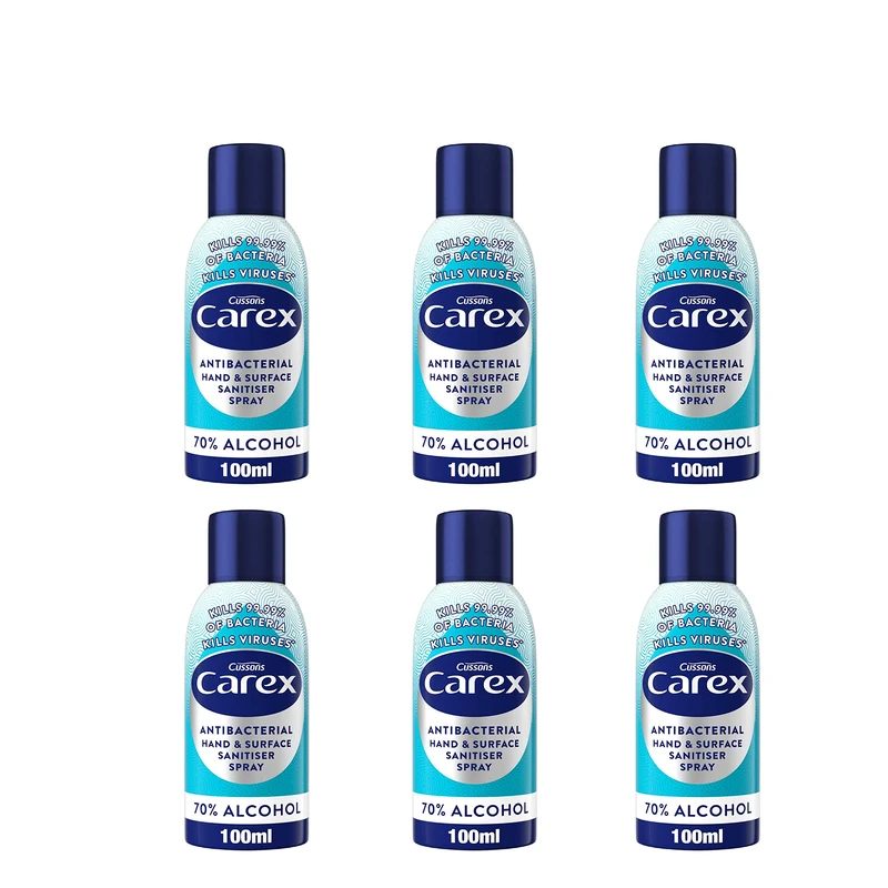 Carex Antibacterial Original Hand and Surface Santister Spray, 70 Percent Alcohol, Cleans, Cares and Protects, Bulk Buy, Pack of 6 100 ml