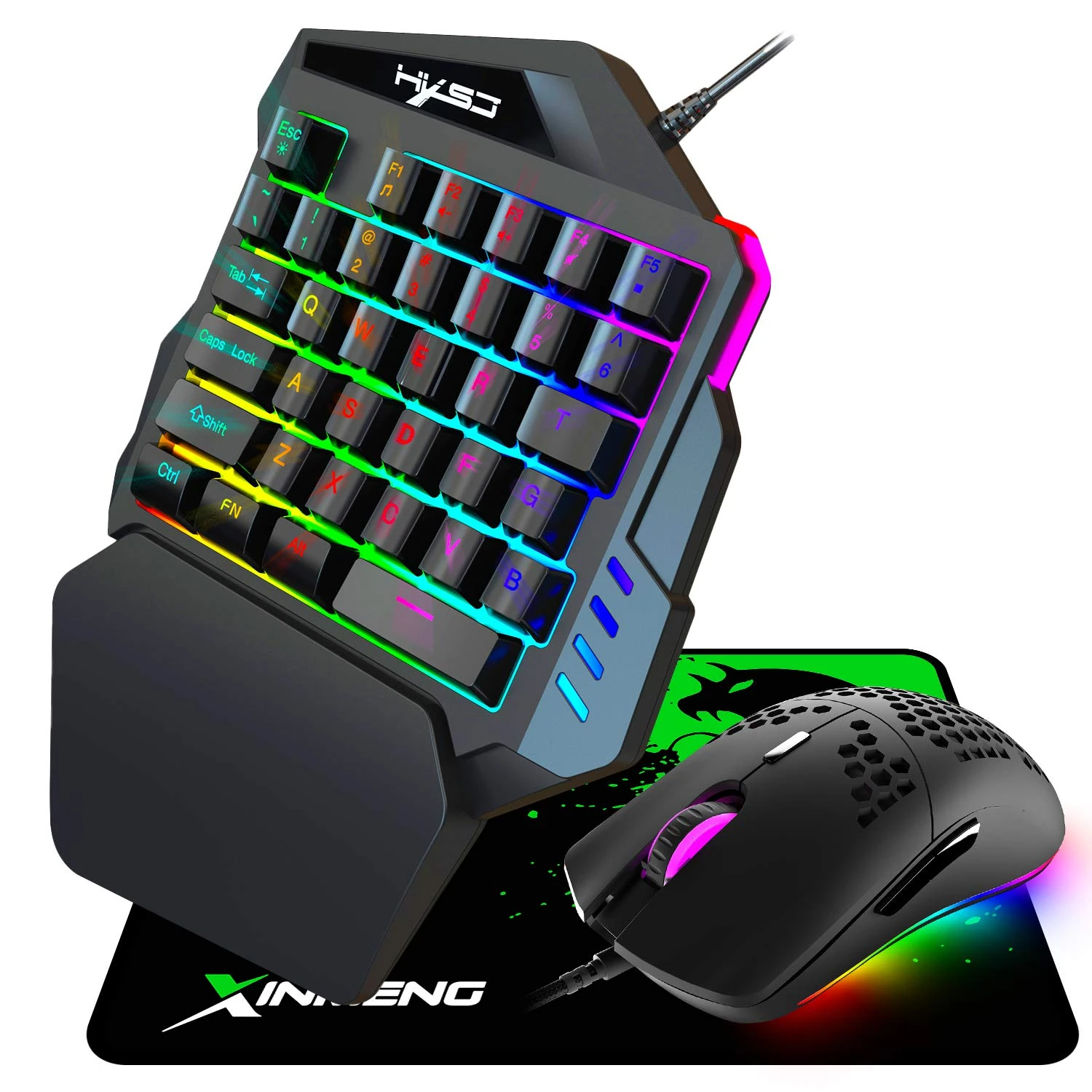 Wired gaming keyboard mouse combo, 3 in 1, One-Handed Gaming Keyboard Rainbow Backlight Multimedia Function Key with Palm Rest+ 6 RGB Backlit Lightweight 6400 DPI Programmable Mouse + Mouse Pad