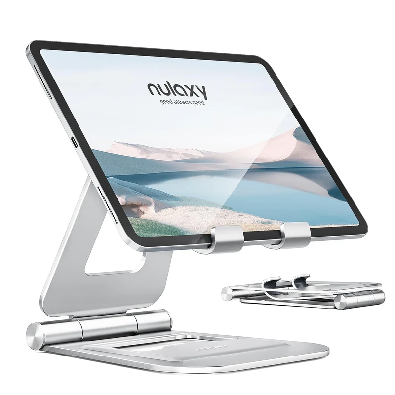 Nulaxy Dual Foldable Tablet Stand, Fully Adjustable Desktop iPad Holder Accessories for Office Compatible with iPad Pro Air mini 2 3 4, Samsung Tab, iPhone Pro Max Plus, More Mobile Devices- Silver