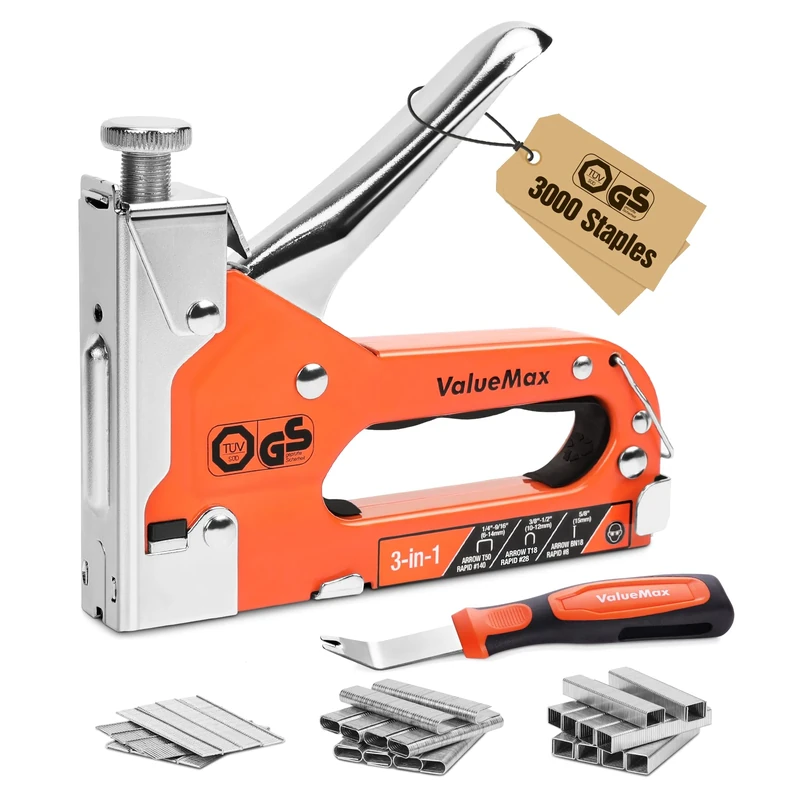 ValueMax Staple Gun 3 in 1, Heavy Duty Stapler with 3000 Staples (Type 140/28/8) & Remover, TÜV GS Tested Professional Tackers, Adjustable Force Upholstery Staple Gun for Decoration, Carpentry, DIY