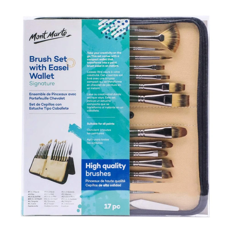 Mont Marte Paint Brush Set with Wallet, 17 Piece, Suitable for Oil, Acrylic, Watercolour and Gouache Paint, Easel Wallet Included