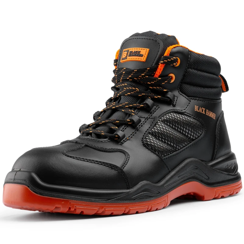 Black Hammer Composite Safety Boots for Men Non-Metallic Lightweight Durable Work Shoes Non-Slip Anti-Static Smooth Leather 8844 (5 UK)