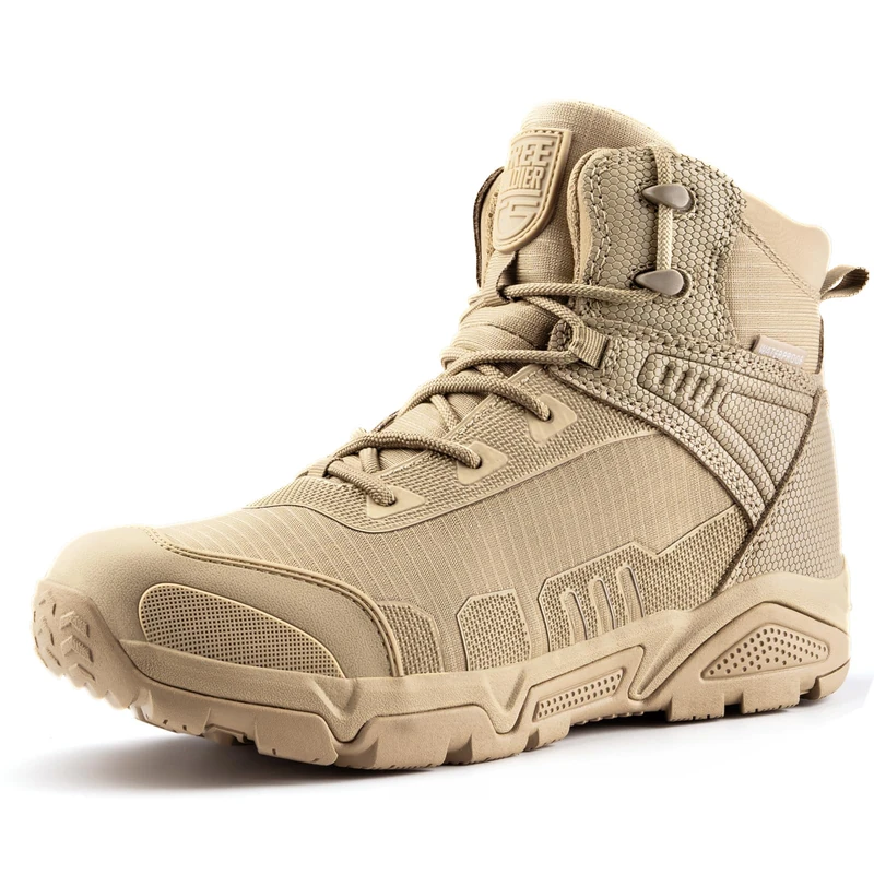 FREE SOLDIER Men's Waterproof Tactical Boots Breathable Military Army Boots Durable Combat Work Shoes Lightweight Hiking Walking Boots(Sand color-waterproof,12UK)