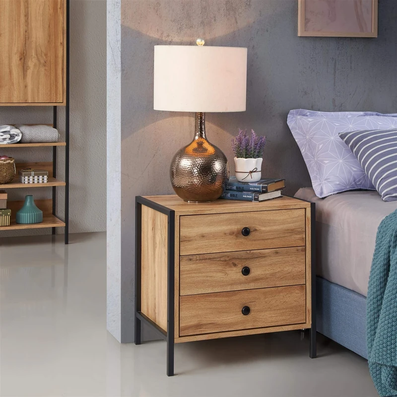 TAD TIMBER ART DESIGN UK Zahra Bedside Table Cabinet Bedroom Furniture Nightstand 3 Drawer Wotan Oak