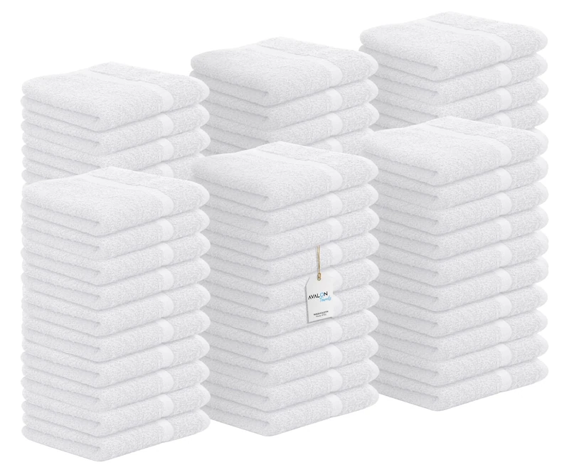 Avalon Towels Cotton Washcloths – (Pack of 60) Size 12x12 Inches, 100% Ring Spun Cotton, Absorbent, Soft Face Towels, Gym Towels, Hotel and Spa Quality, Reusable Fingertip Towels (White)