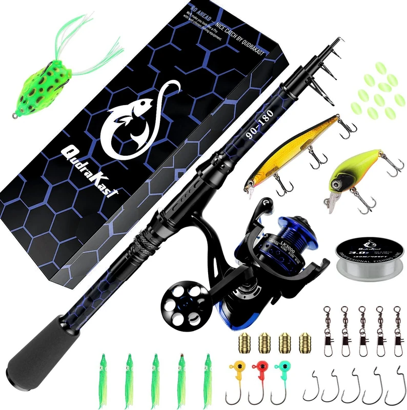 Fishing Rod and Reel Combos, Unique Design With X-Warping Painting, Carbon Fiber Telescopic Fishing Rod with Reel Combo Kit with Tackle Box, Best gift for Fishing Beginner and Angler (180-Blue)