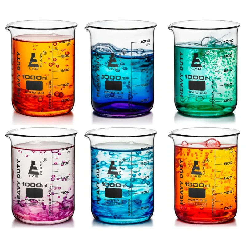 6PK Heavy Duty Beaker, 1000ml - 5mm Thick, Uniform Walls - Superior Durability & Chemical Resistance - White Graduations - Borosilicate 3.3 Glass - Eisco Labs