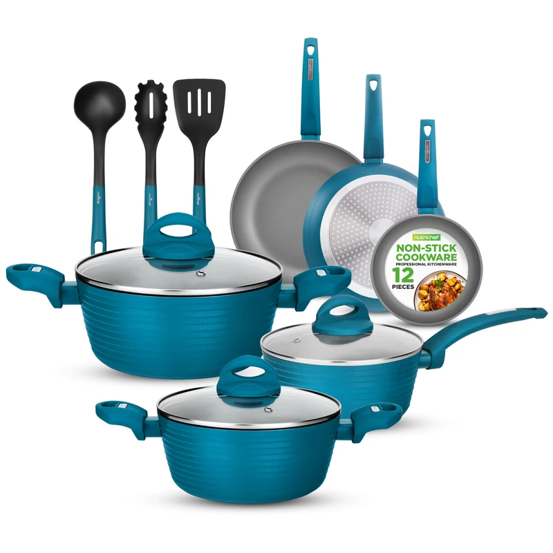Nutrichef 12-Piece Nonstick Kitchen Cookware Set - PTFE/PFOA/PFOS-Free Heat Resistant Lacquer Kitchen Ware Pots Pan Set Light Gray/Green - Saucepot, Pans, Cooking Pot Oven Pot, Lid, Utensil NCCW12GR