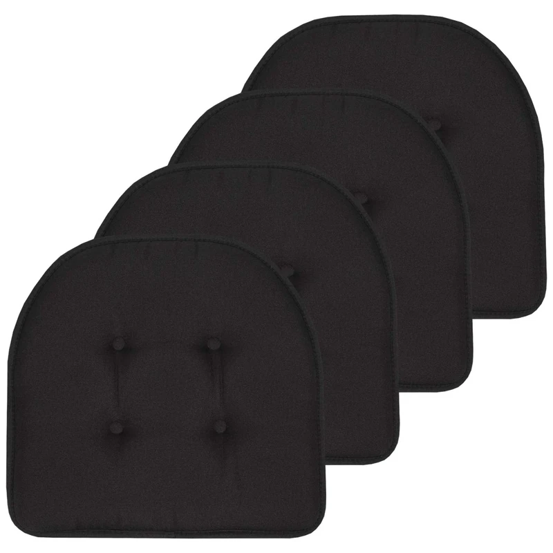 Sweet Home Collection Chair Cushion Memory Foam Pads Tufted Slip Non Skid Rubber Back U-Shaped 17" x 16" Seat Cover, 4 Count (Pack of 1), Black