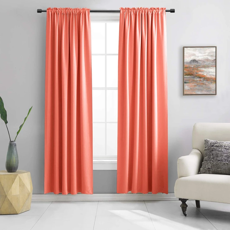 DONREN Blackout Curtains Drawstring Thermal Insulated Curtains for Living Room 2 Shawls 52" W x 90" L, Coral - Image 1