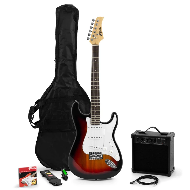 TIGER EGT2SB-PACK Beginners Full Size Electric Guitar Starter Pack with Amplifier, Strap, Spare Strings, Lead, Plectrums, and Gig Bag - Complete Starter Bundle in One Box - Sunburst