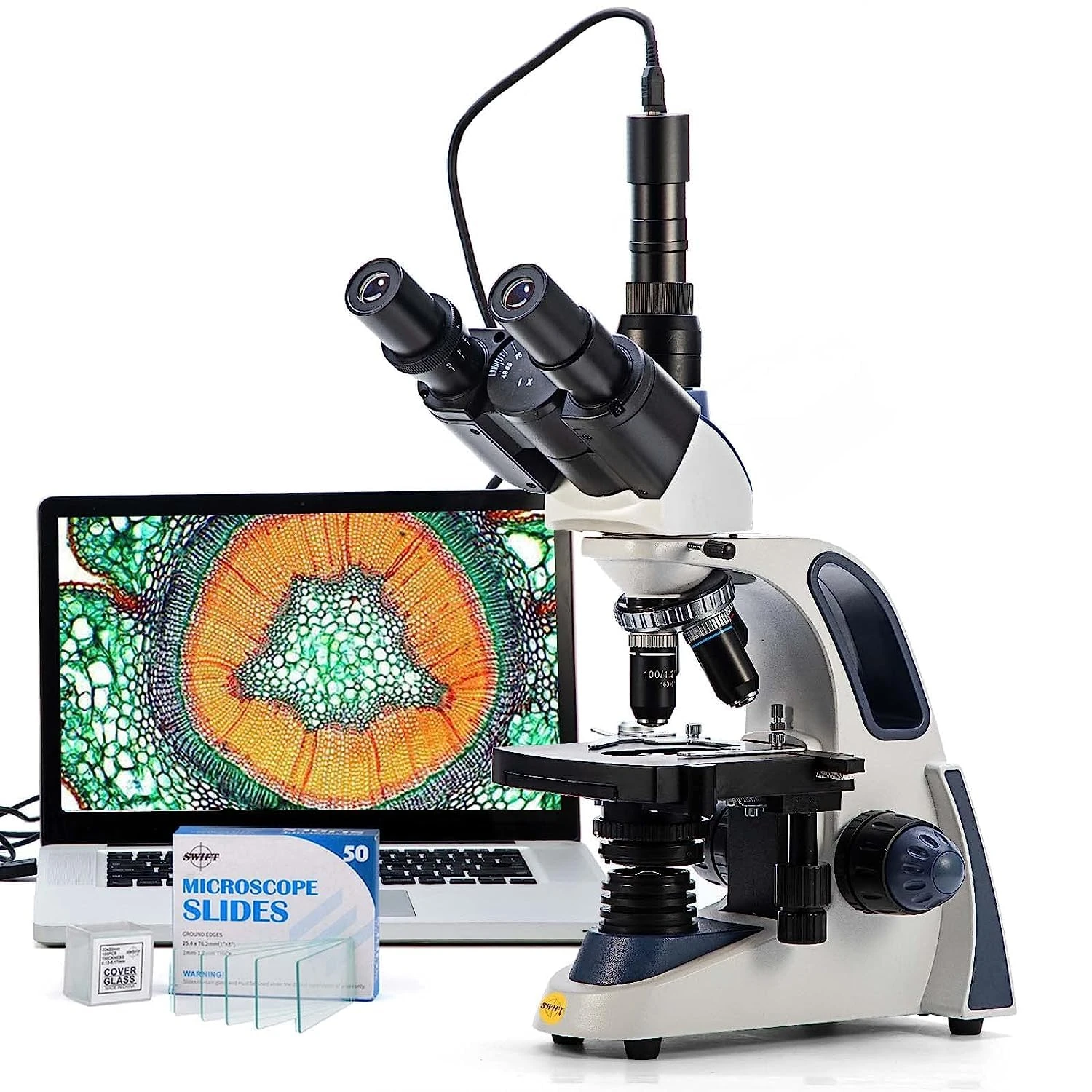 Swift SW380T Compound Trinocular Microscope,40X-2500X Magnification,Two-Layer Mechanical Stage,5.0 MP Camera and Software Windows/Mac Compatible and 100 PCS Blank Slides